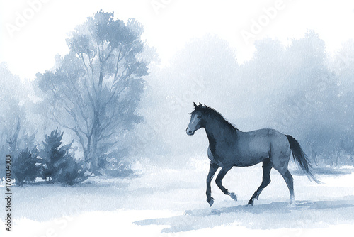 watercolor illustration of a gorgeous wild horse galloping through the snowy winter forest, minimalistic style, copy space