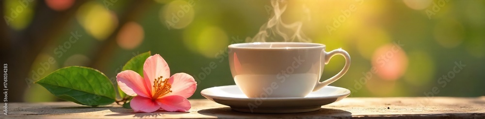 Fototapeta premium Serene Sunlight A Steaming Cup of Tea and Blooming Flower, Evoking Calm and Relaxation for Wellness and Self-Care Content