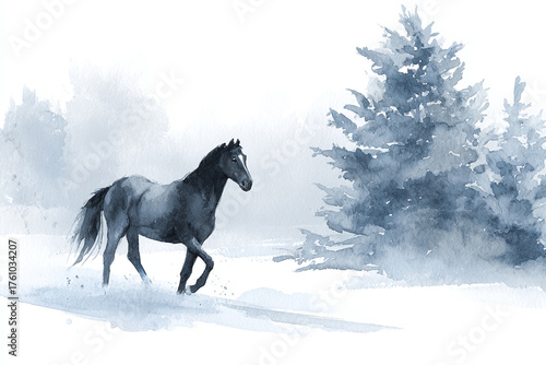 watercolor illustration of a gorgeous wild horse galloping through the snowy winter forest, minimalistic style, copy space