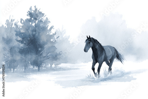 watercolor illustration of a gorgeous wild horse galloping through the snowy winter forest, minimalistic style, copy space