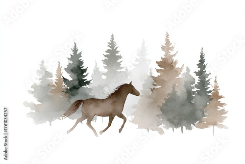 watercolor illustration of a gorgeous wild horse galloping through the snowy winter forest, minimalistic style, copy space