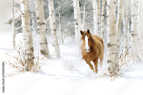 watercolor illustration of a gorgeous wild horse galloping through the snowy winter forest, minimalistic style, copy space