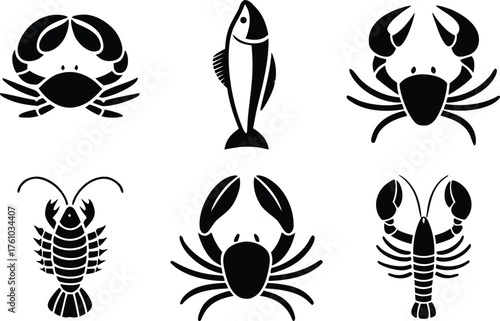 Collection of Seafood Silhouette Icons Featuring Crabs Lobster and Fish in Black and White Vector Design Elements for Culinary Projects