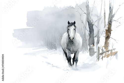 watercolor illustration of a gorgeous wild horse galloping through the snowy winter forest, minimalistic style, copy space
