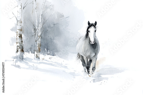watercolor illustration of a gorgeous wild horse galloping through the snowy winter forest, minimalistic style, copy space
