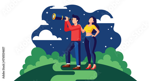 A romantic flat style vector of couple stargazing through telescope on hill under starry sky, peaceful night outdoor love scene