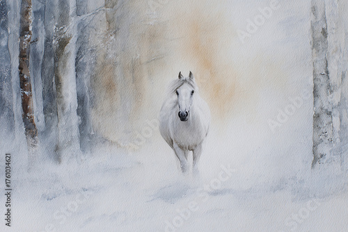 watercolor illustration of a gorgeous wild horse galloping through the snowy winter forest, minimalistic style, copy space
