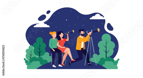A romantic flat style vector of couple stargazing through telescope on hill under starry sky, peaceful night outdoor love scene