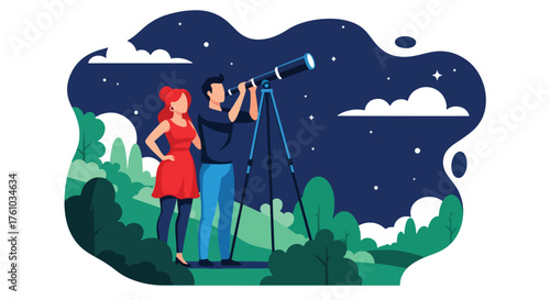 A romantic flat style vector of couple stargazing through telescope on hill under starry sky, peaceful night outdoor love scene