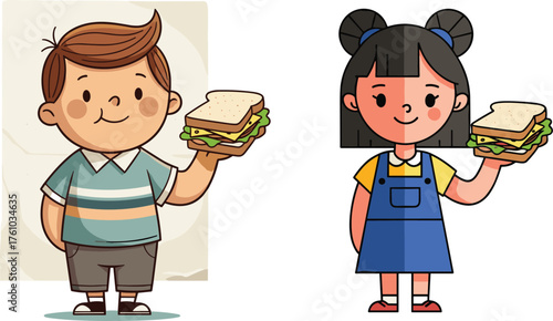 Cartoon children holding sandwiches, cheerful snack moment, animated lifestyle, lettuce and tomato layers, school lunch joy, playful food scene