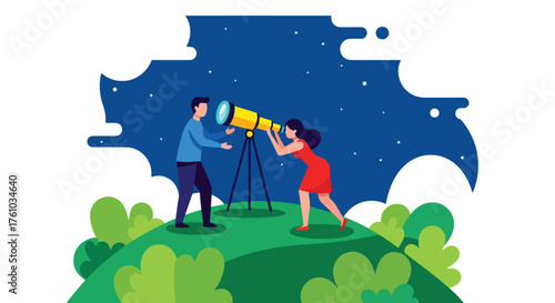 A romantic flat style vector of couple stargazing through telescope on hill under starry sky, peaceful night outdoor love scene