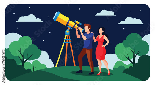 A romantic flat style vector of couple stargazing through telescope on hill under starry sky, peaceful night outdoor love scene