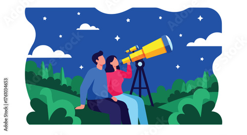 A romantic flat style vector of couple stargazing through telescope on hill under starry sky, peaceful night outdoor love scene