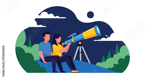 A romantic flat style vector of couple stargazing through telescope on hill under starry sky, peaceful night outdoor love scene