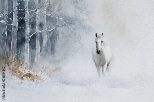 watercolor illustration of a gorgeous wild horse galloping through the foggy winter forest, minimalistic style, copy space