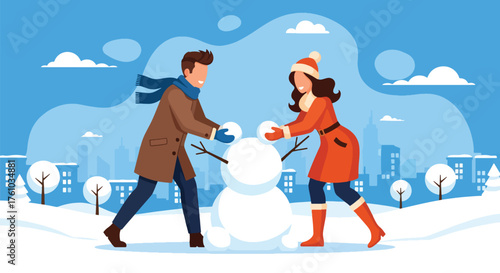 A playful flat style vector of romantic couple making snowman in snowy park, representing love and winter fun