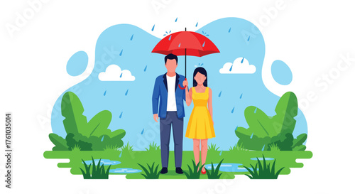 A flat style vector of romantic couple walking under umbrella in gentle rain, symbolizing tenderness and love