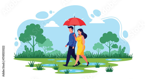 A flat style vector of romantic couple walking under umbrella in gentle rain, symbolizing tenderness and love