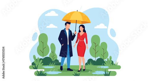 A flat style vector of romantic couple walking under umbrella in gentle rain, symbolizing tenderness and love