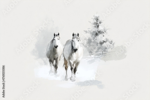 watercolor illustration of gorgeous wild horses galloping through the snowy winter forest, minimalistic style, copy space