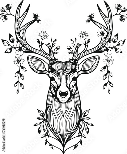 Deer with antlers and floral ornament, elegant linear drawing, black outline 1