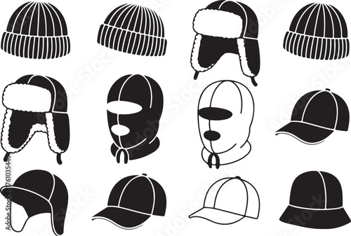 Collection of Various Winter and Casual Headwear in Black and White Vector Illustration Designs for Fashion and Apparel Projects