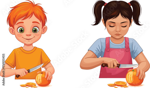 Cartoon children peeling oranges, healthy snack prep, breakfast routine, cheerful and focused expressions, animated lifestyle, fruit moment, kitchen table joy