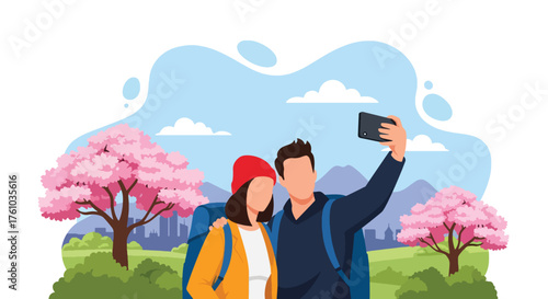 A bright flat vector of romantic couple taking selfie under cherry blossoms in spring park, symbolizing love and beauty
