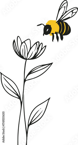 Minimal bee hovering over flower, continuous line, thick contour 1