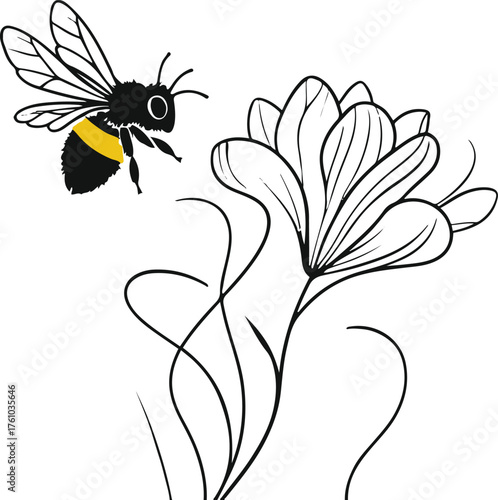 Minimal bee hovering over flower, continuous line, thick contour 2