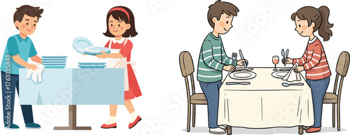 Cartoon children setting table and cleaning dishes, teamwork in household chores, cheerful lifestyle, animated kitchen moment, plates and napkins