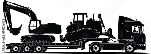 Silhouette vector of transport truck hauling excavator and bulldozer on flatbed trailer for construction logistics and heavy equipment delivery"