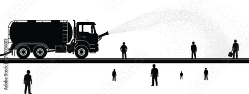 Water tanker truck spraying road surface with construction workers, street cleaning and maintenance process, industrial safety scene, black silhouette vector illustration