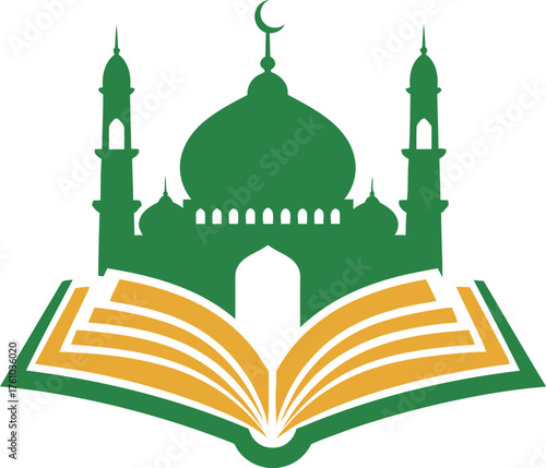 Green mosque silhouette above open holy book symbolizing islamic faith and knowledge flat design vector illustration isolated on transparent background