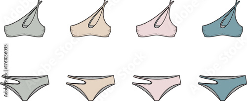 Various bikini sets in pastel tones. Vector icons of female swimwear
