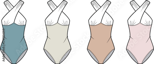 Collection of cross-back one-piece swimsuits in various muted color options, presented in a clean, flat design style