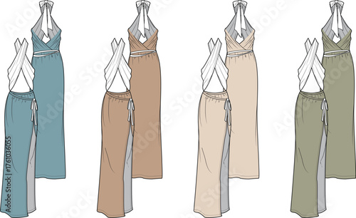 Fashion illustration of elegant halterneck maxi dresses with thigh-high slits in various earth tones