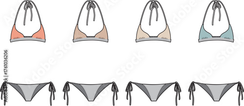 A collection of women's halter bikini tops in various pastel colors and gray tie-side bottoms, a fashion flat sketch for swimwear design