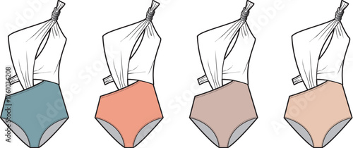 Modern one-shoulder swimsuit design illustration featuring a stylish asymmetric cut in various earthy tones, perfect for fashion concepts and apparel development