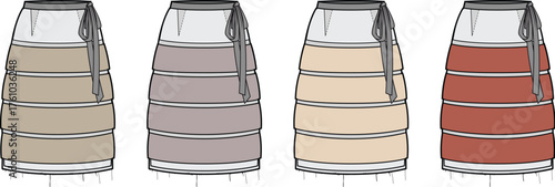 Vector illustration set of a women's tiered midi skirt with side zipper. Fashion technical flat sketch template shown in four different colorways for apparel design and clothing collections