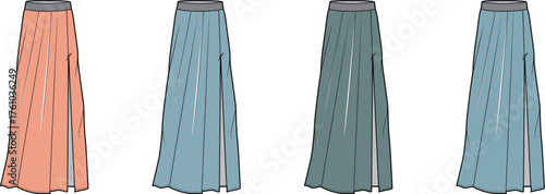A set of women's long maxi skirts featuring a high side slit, presented as a fashion flat technical drawing vector template in various colors