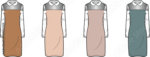Technical fashion flat illustration of a women's sleeveless sheath dress layered over a collared shirt, presented in four different color palettes
