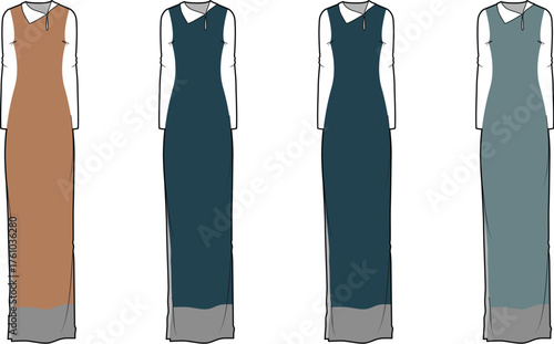 Collection of four long dresses with varying necklines and colors, showcasing fashion design sketches
