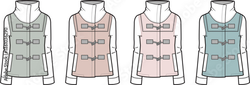 Fashion illustration of four different colored puffer vests with toggle closures and hoods