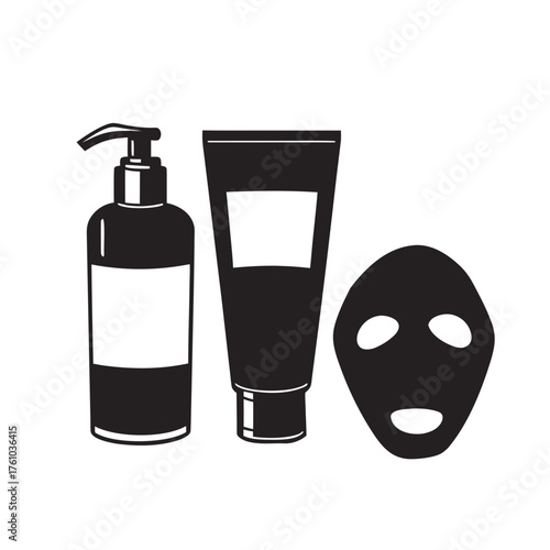 Skincare products including moisturizing lotion, cleansing cream, and facial mask on white background. Skincare routine features essential items for nourishing, cleansing, and pampering skin.