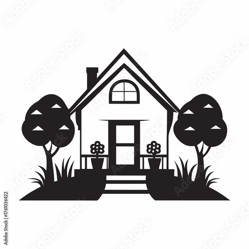 Charming house illustration with front porch surrounded by decorative trees and flowers, inviting outdoor space with green grass and flowerpots, perfect for home decoration or real estate listings.