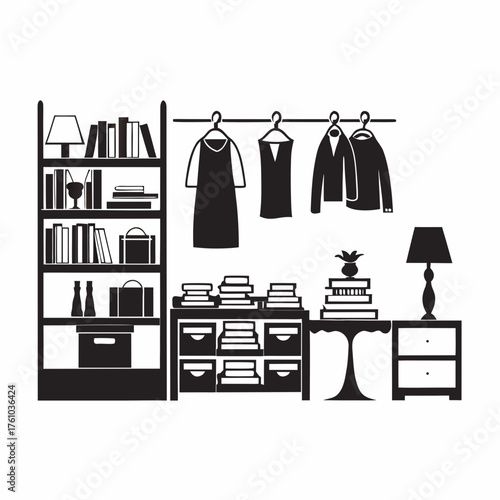 Stylish modern wardrobe design featuring neatly arranged books, hanging clothes, and decorative elements for organized living space.