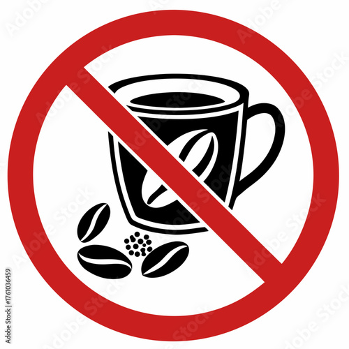 No coffee symbol with prohibition sign depicting cup and coffee beans. Icon represents avoidance of coffee consumption in dietary practices and lifestyle choices.