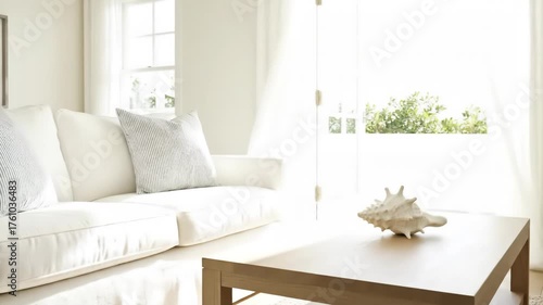 Sunlit coastal living room featuring a plush white sofa, a natural wood coffee table adorned with a large seashell, and sheer white curtains overlooking lush green foliage.