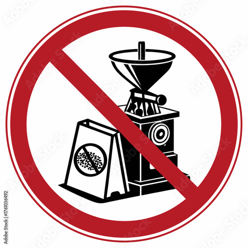 Prohibited sign for grain mill with clear symbol indicating restriction on use of equipment. This no entry sign emphasizes safety regarding grain mill machinery and equipment use.